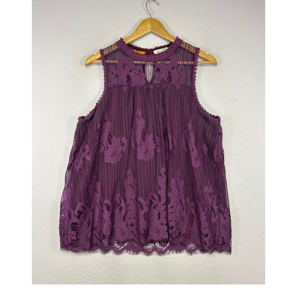 Boho Romantic Taylor & Sage Women XL Purple Lace Mock Neck Sleeveless Blouse‎